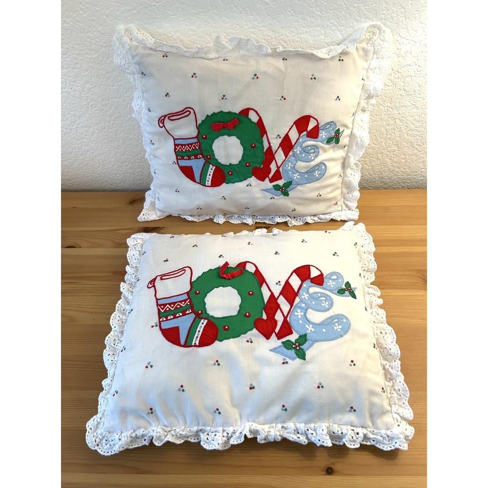 2 VTG LOVE Christmas Embroidered Throw Pillow 14" X 12" Cottage Core Grannycore